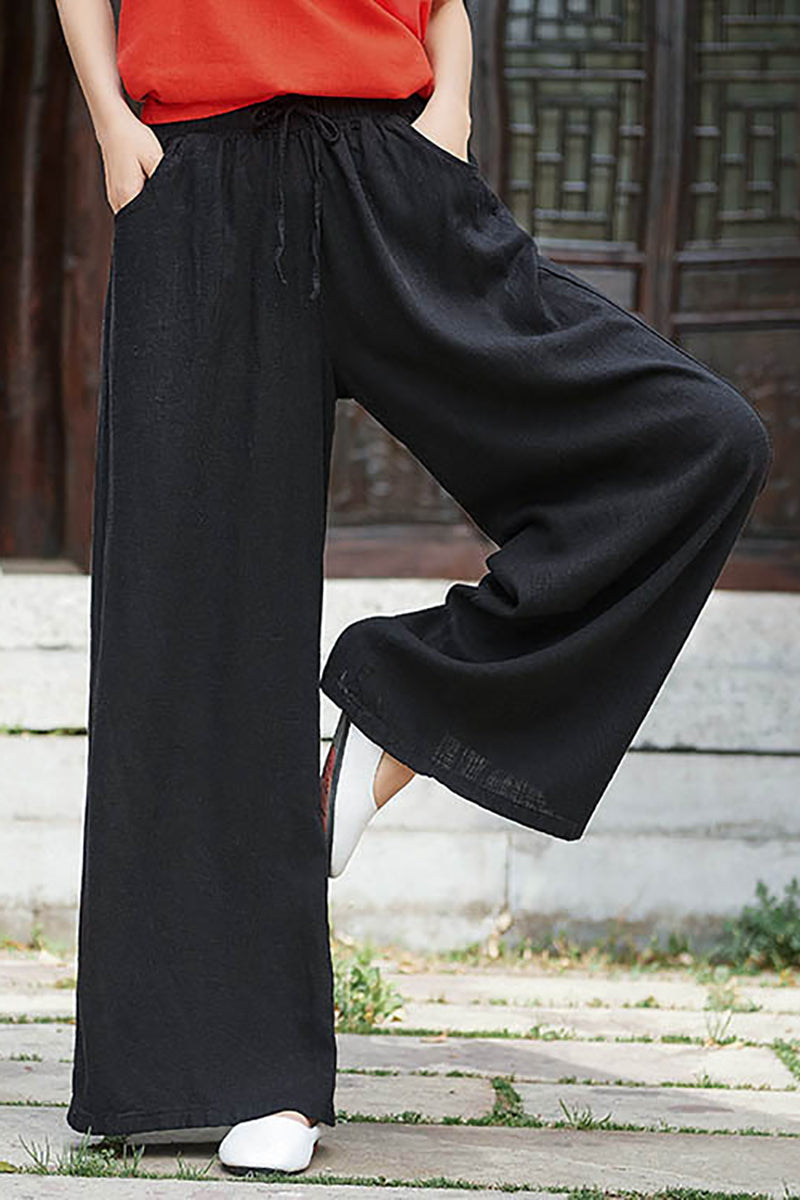 Linen Drawstring Pocket Wide Leg Casual Pants