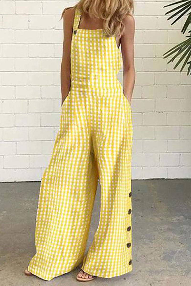 Linen Plaid Square Neck Sleeveless Button Up Decor Wide Leg Casual Jumpsuit