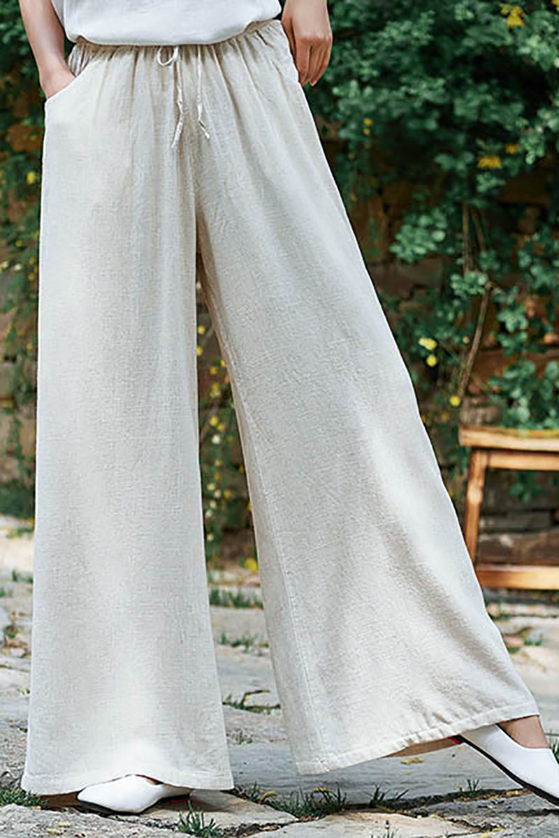 Linen Drawstring Pocket Wide Leg Casual Pants
