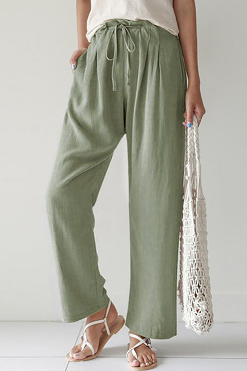 Casual Drawstring Pocket Straight Leg Linen Pants