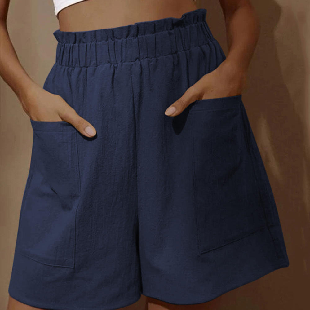 High Elastic Waist Pocket casual Linen Shorts