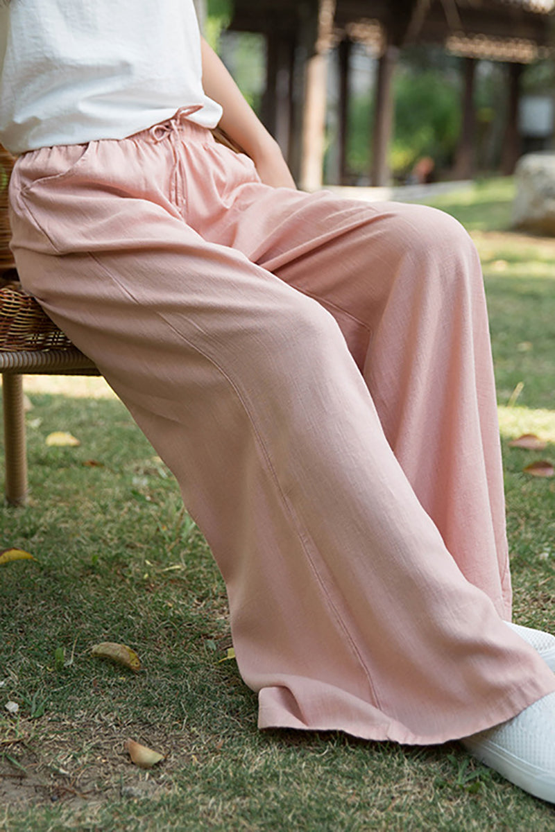 Linen Drawstring Pocket Wide Leg Casual Pants