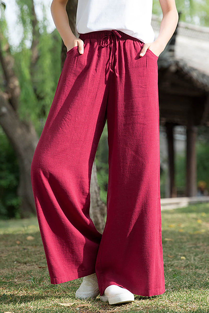 Linen Drawstring Pocket Wide Leg Casual Pants