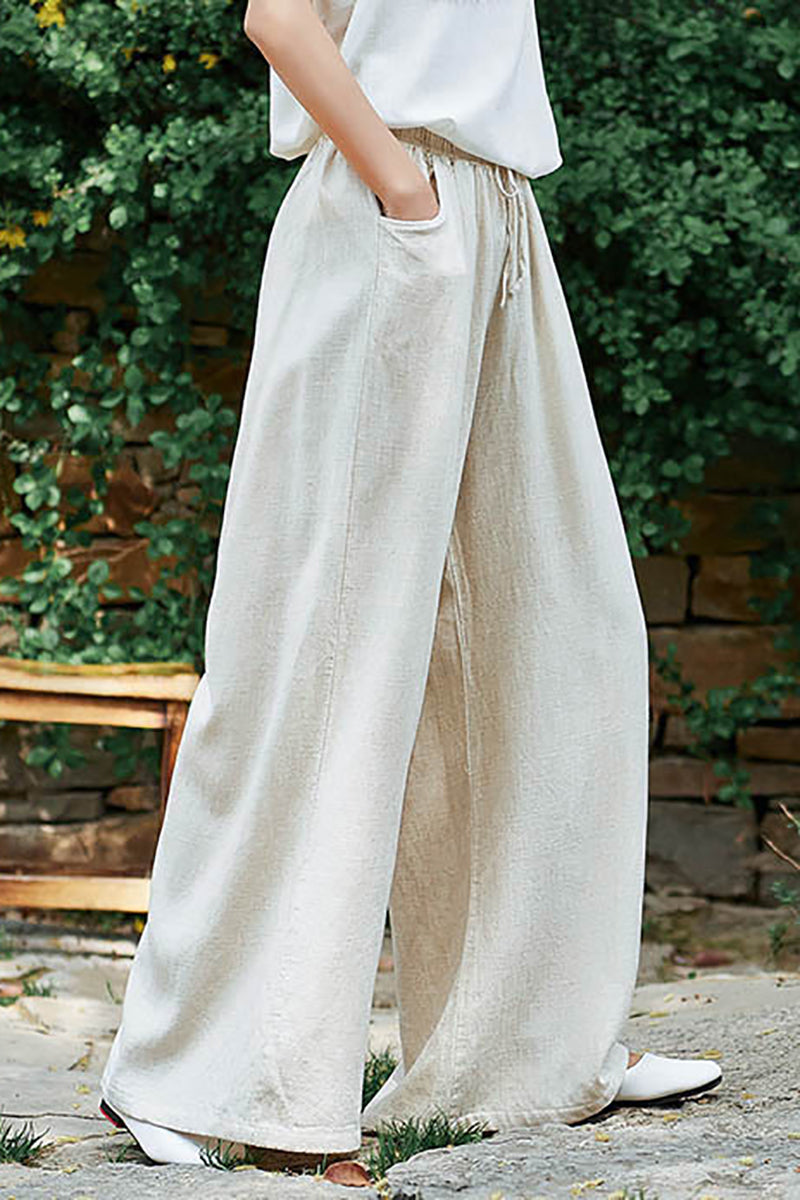 Linen Drawstring Pocket Wide Leg Casual Pants
