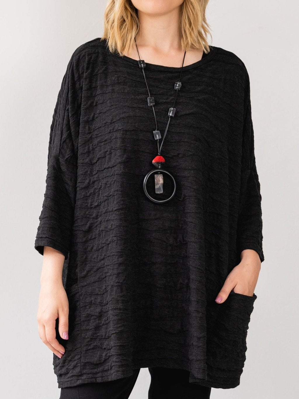 Solid Three Quarter Sleeves Textured Pullover