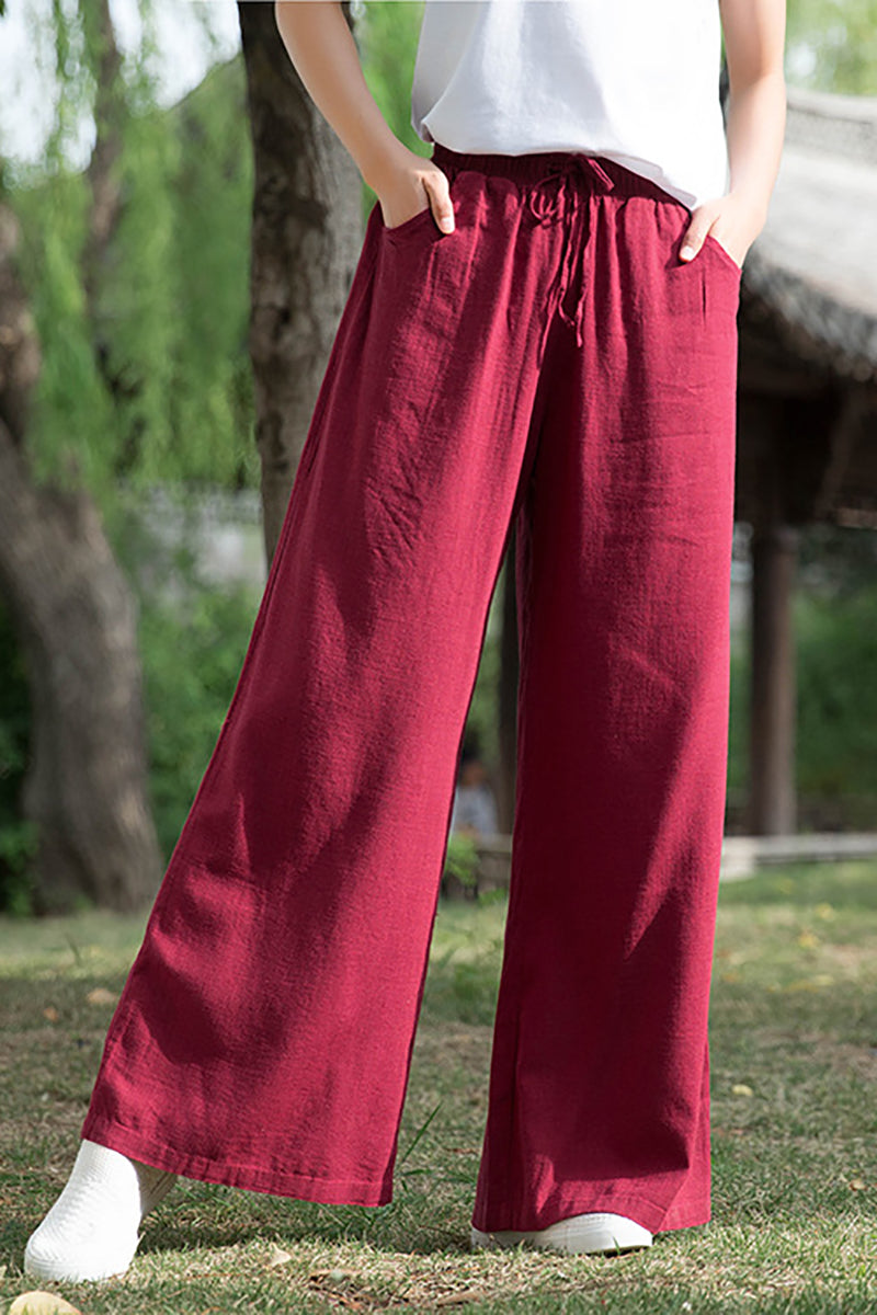 Linen Drawstring Pocket Wide Leg Casual Pants