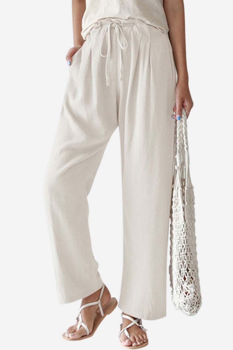 Casual Drawstring Pocket Straight Leg Linen Pants