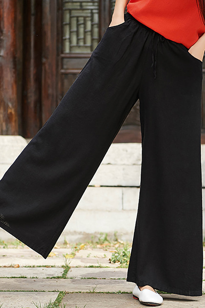 Linen Drawstring Pocket Wide Leg Casual Pants