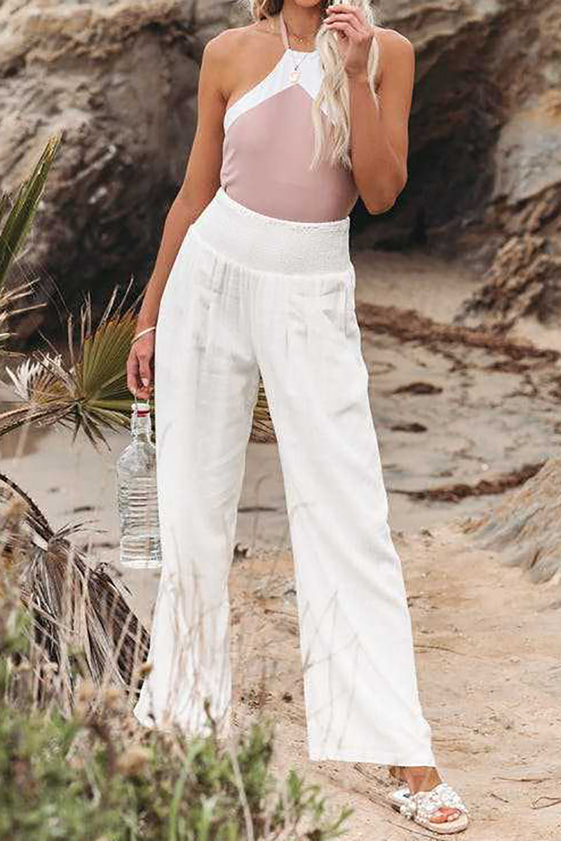 Stretchy High Waist Wide Leg Casual Linen Pants