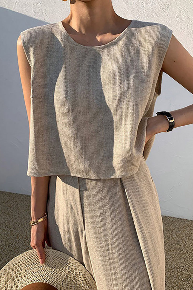 Round Neck Casual Tank Top Wide Leg Linen Pants Matching Set