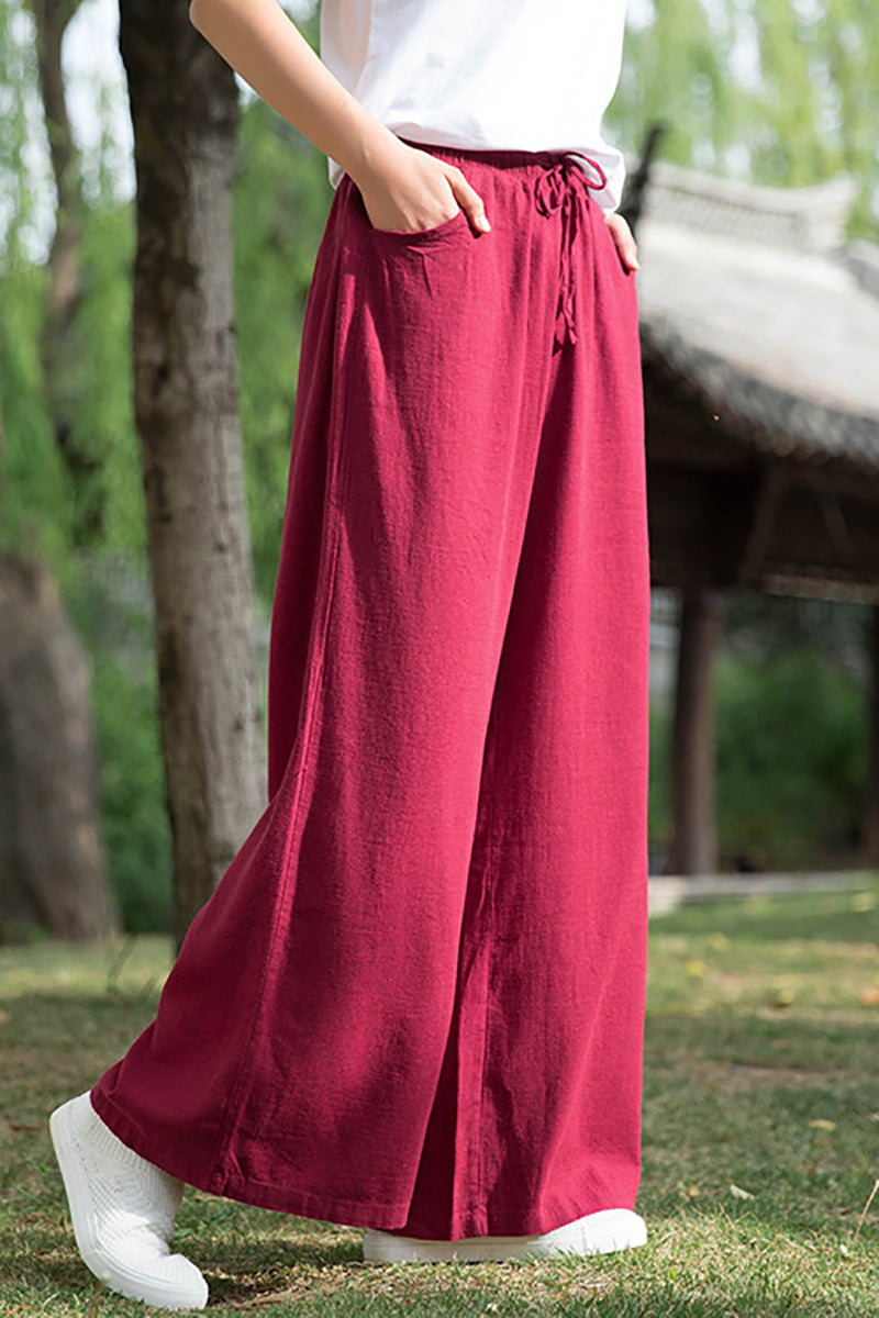 Linen Drawstring Pocket Wide Leg Casual Pants