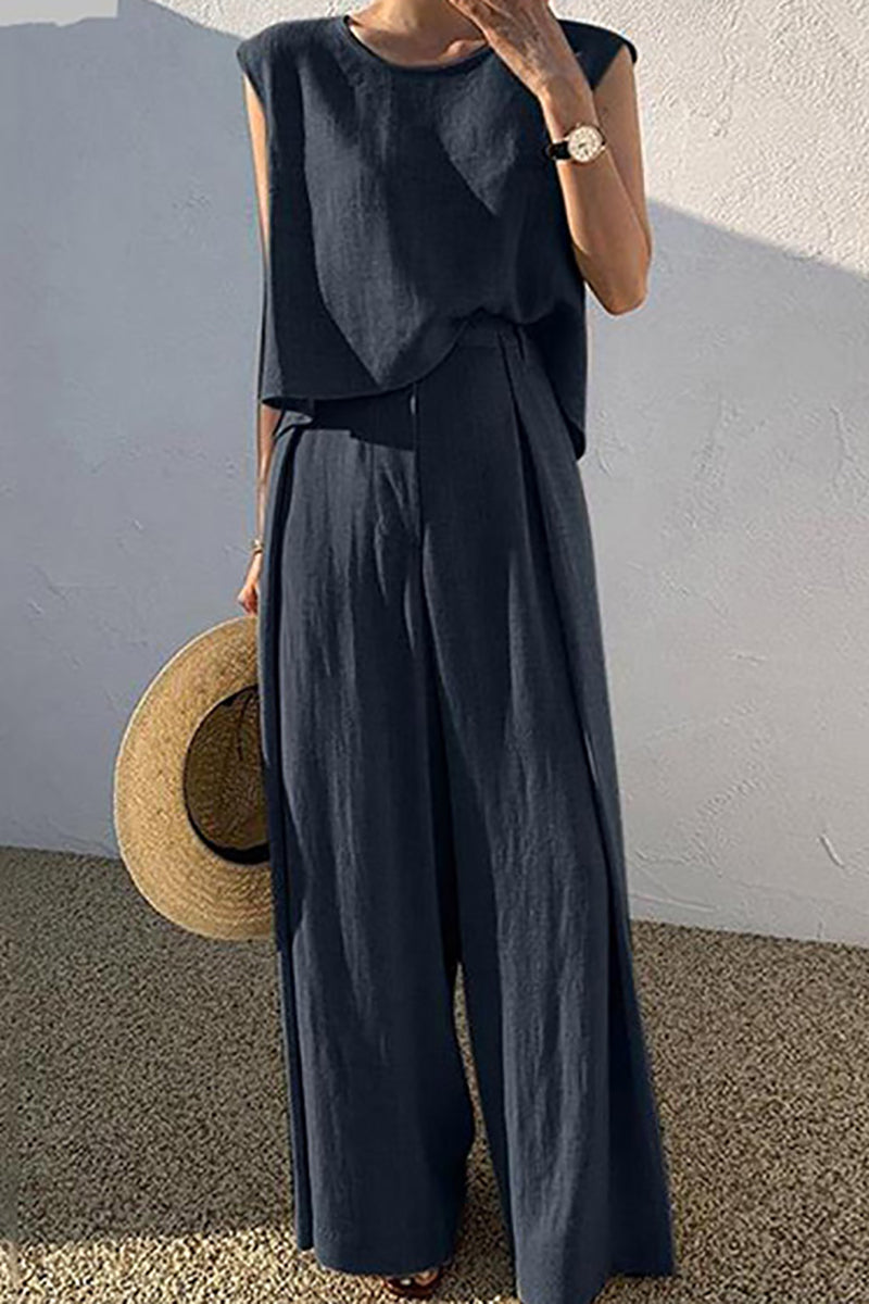 Round Neck Casual Tank Top Wide Leg Linen Pants Matching Set