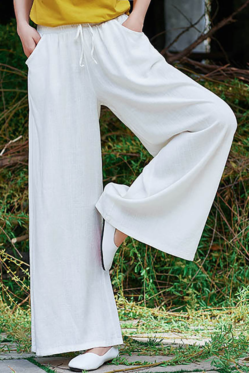 Linen Drawstring Pocket Wide Leg Casual Pants