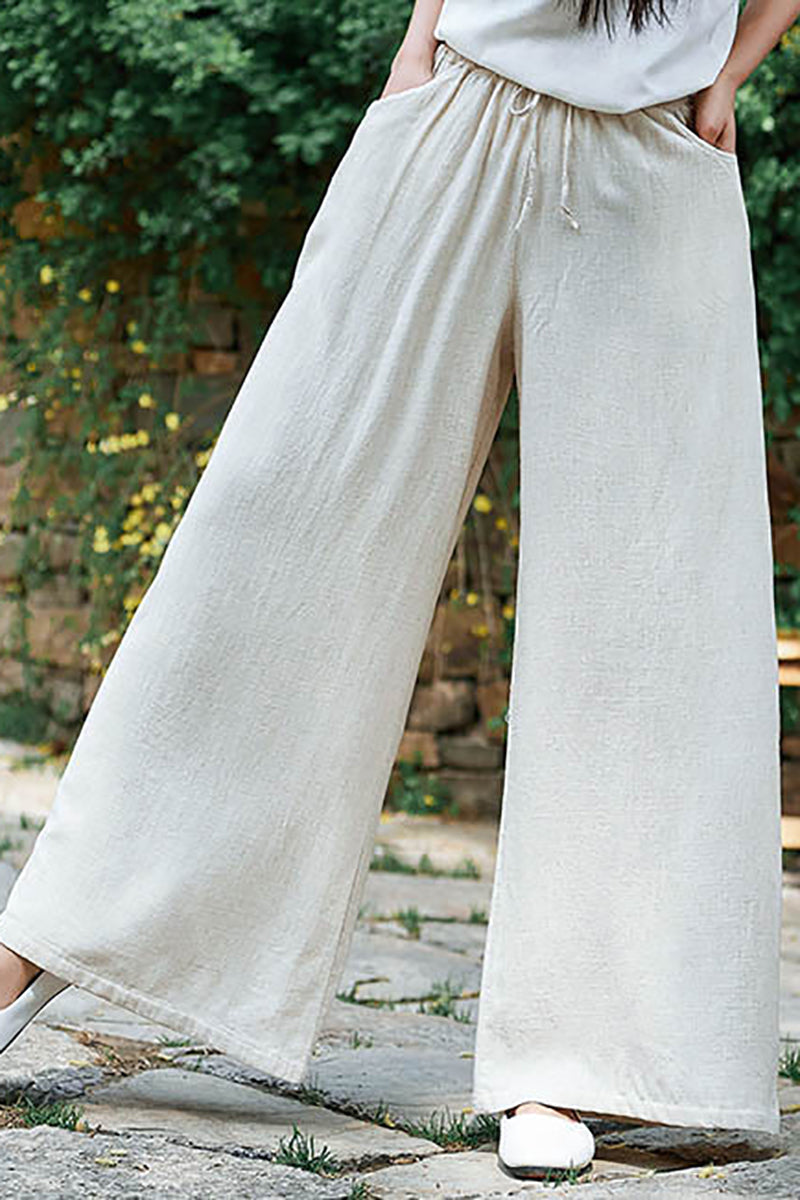 Linen Drawstring Pocket Wide Leg Casual Pants