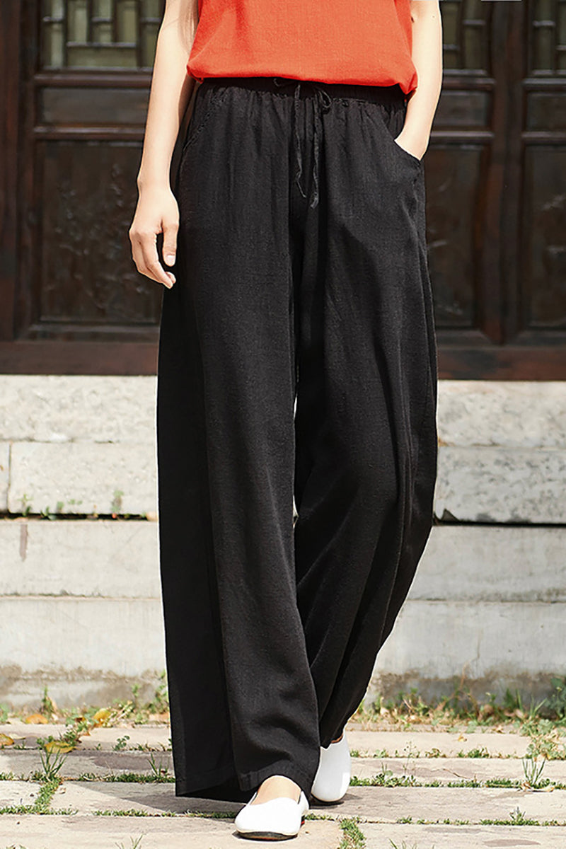 Linen Drawstring Pocket Wide Leg Casual Pants