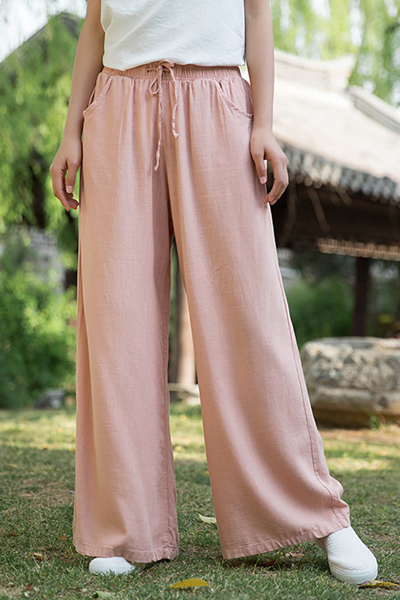 Linen Drawstring Pocket Wide Leg Casual Pants