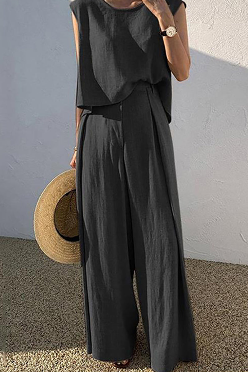 Round Neck Casual Tank Top Wide Leg Linen Pants Matching Set