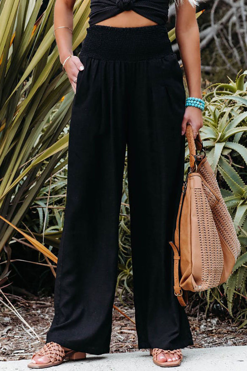 Stretchy High Waist Wide Leg Casual Linen Pants