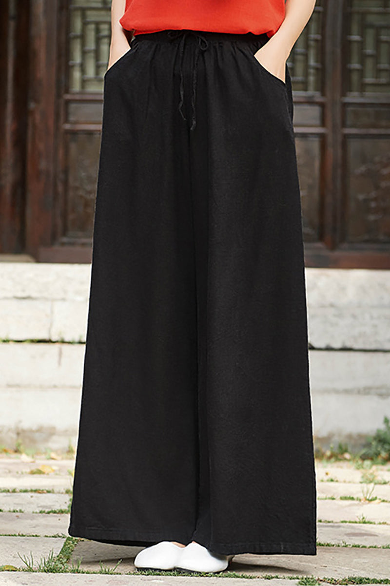 Linen Drawstring Pocket Wide Leg Casual Pants