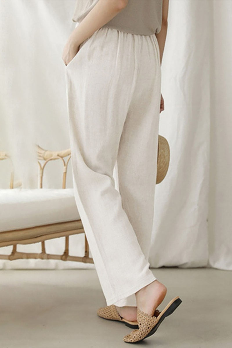 Casual Drawstring Pocket Straight Leg Linen Pants