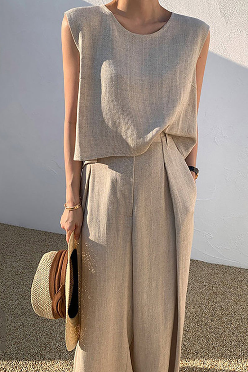 Round Neck Casual Tank Top Wide Leg Linen Pants Matching Set