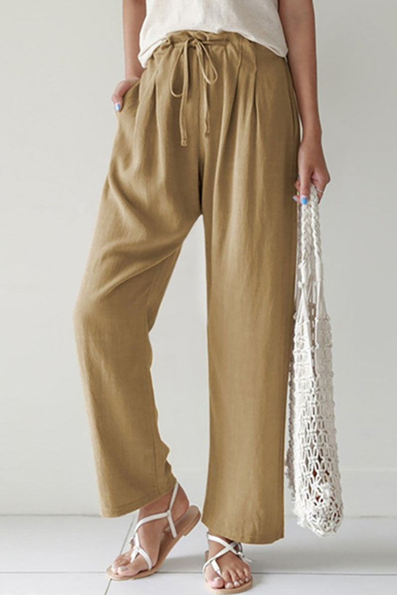 Casual Drawstring Pocket Straight Leg Linen Pants