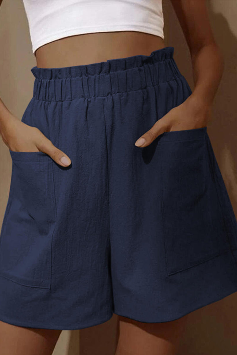 High Elastic Waist Pocket casual Linen Shorts