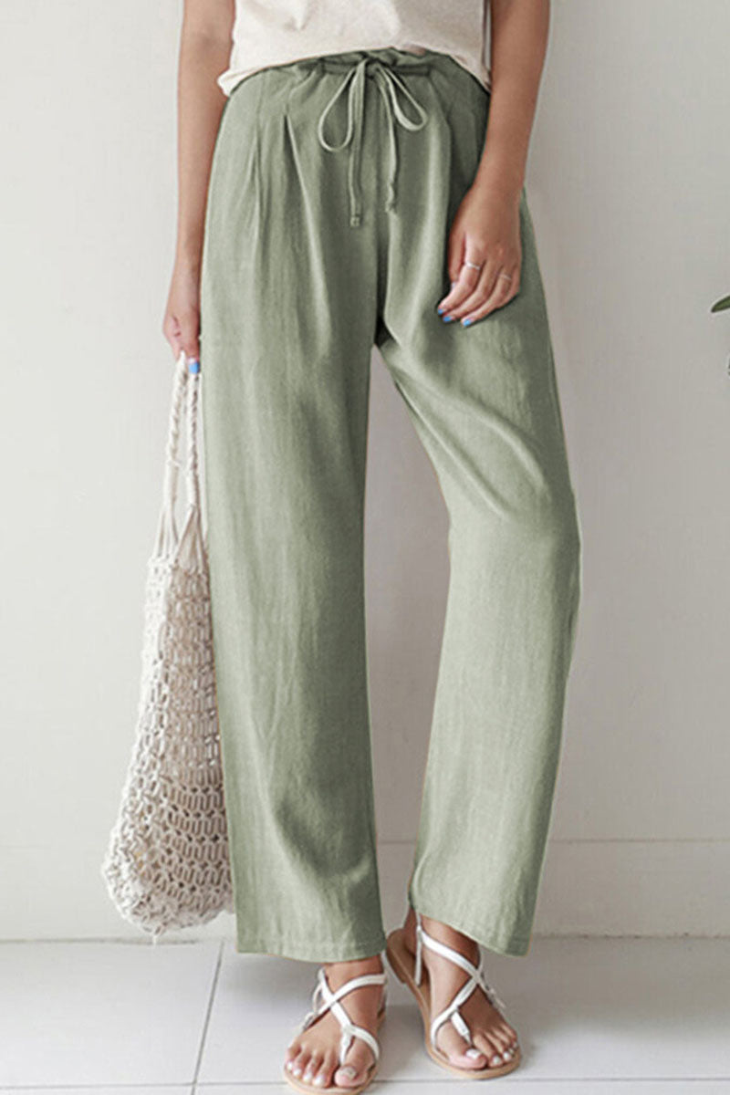 Casual Drawstring Pocket Straight Leg Linen Pants