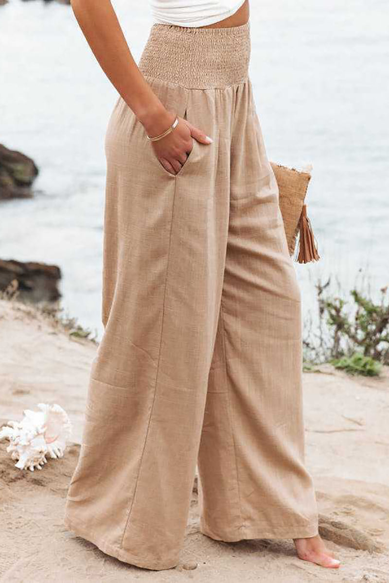 Stretchy High Waist Wide Leg Casual Linen Pants