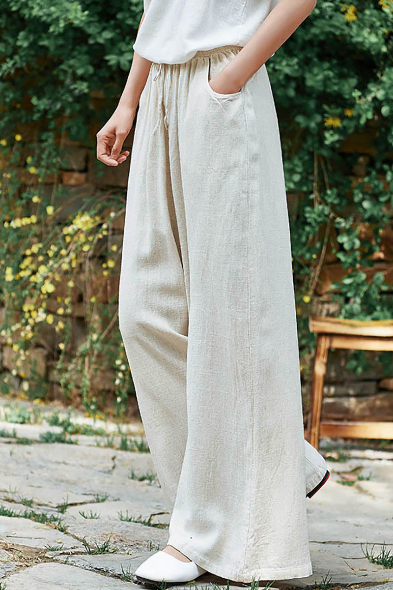 Linen Drawstring Pocket Wide Leg Casual Pants