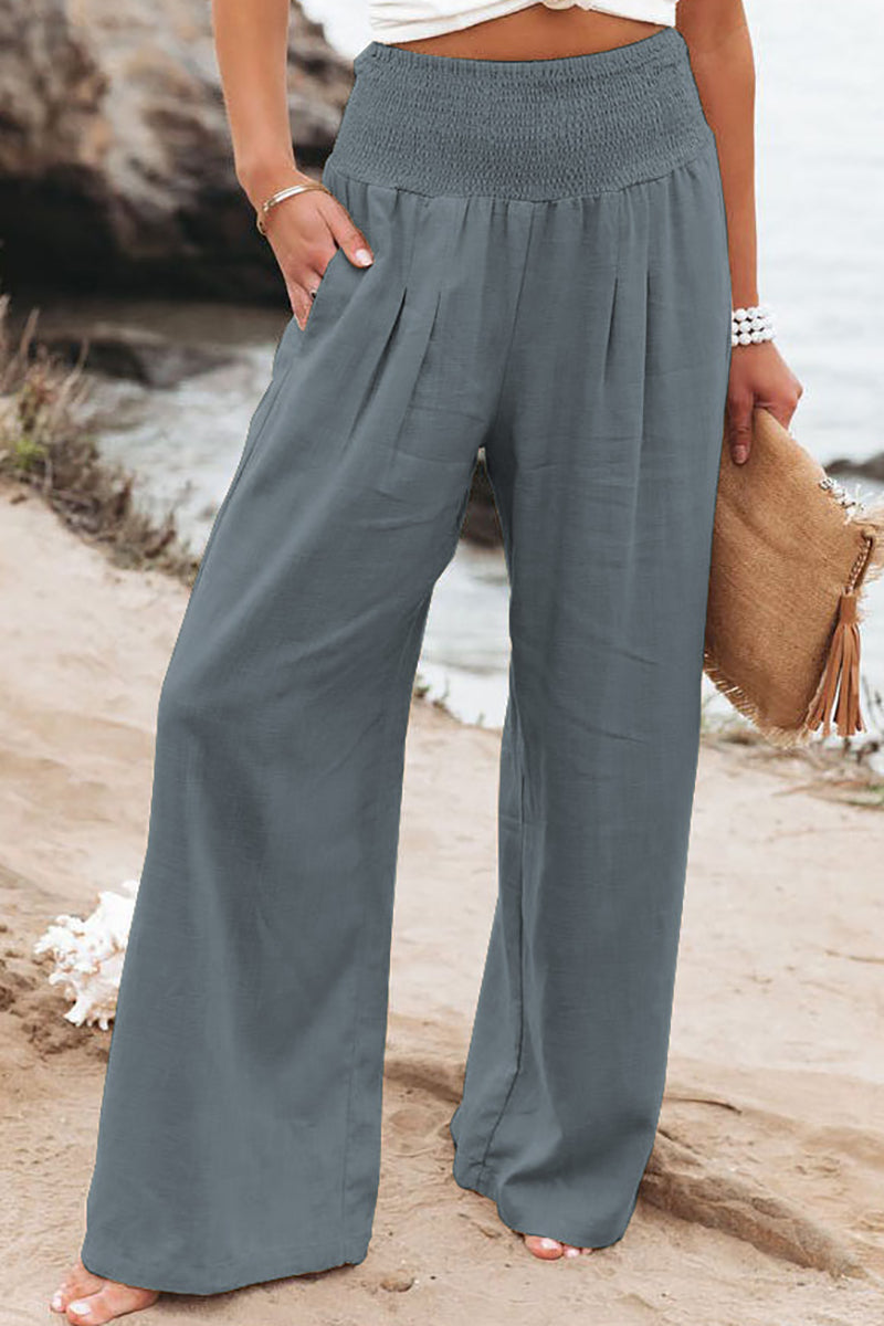 Stretchy High Waist Wide Leg Casual Linen Pants