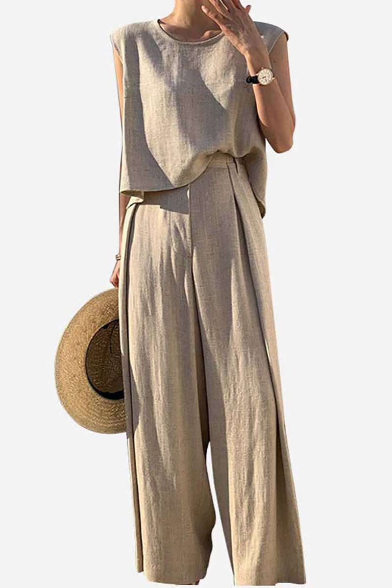 Round Neck Casual Tank Top Wide Leg Linen Pants Matching Set