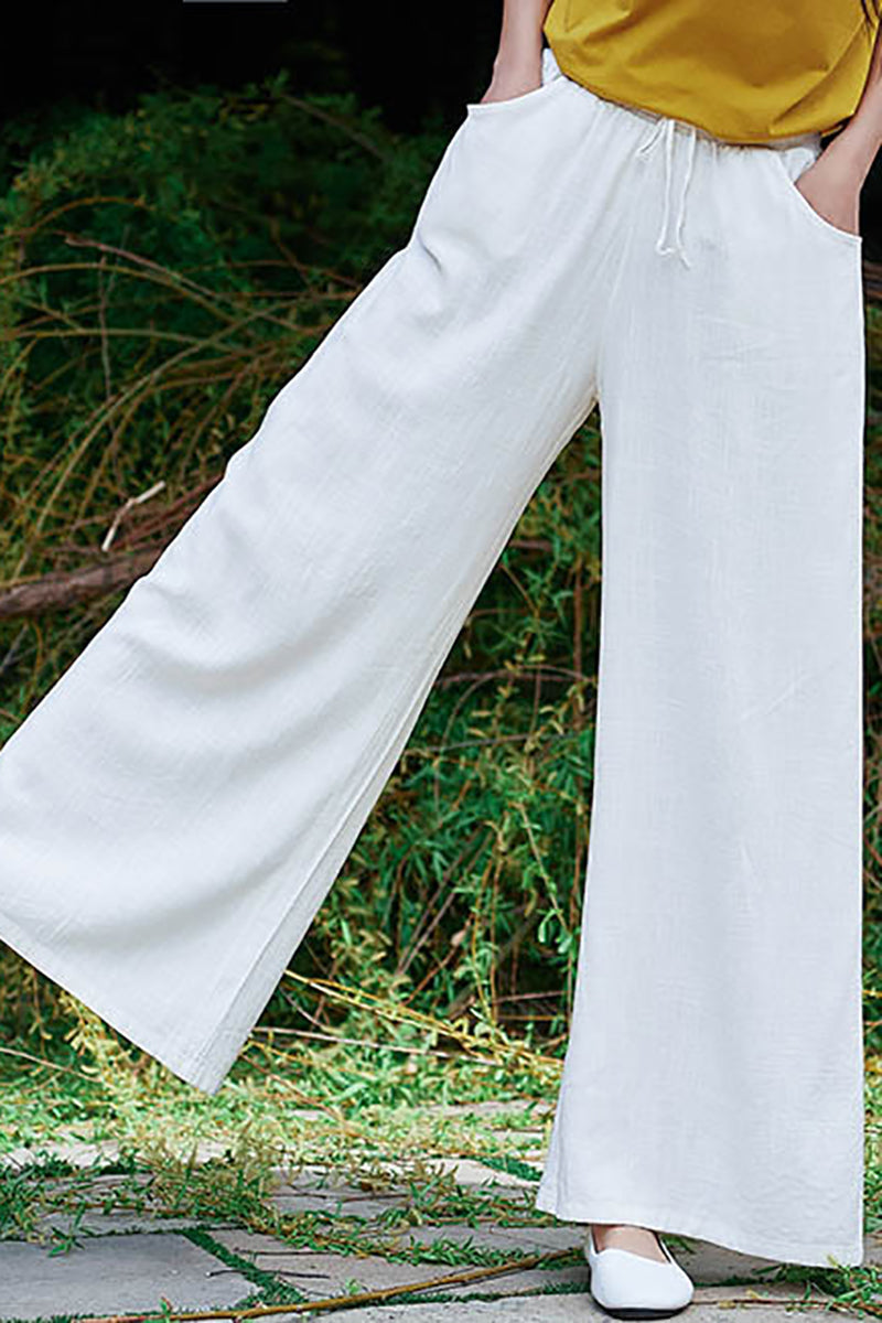 Linen Drawstring Pocket Wide Leg Casual Pants
