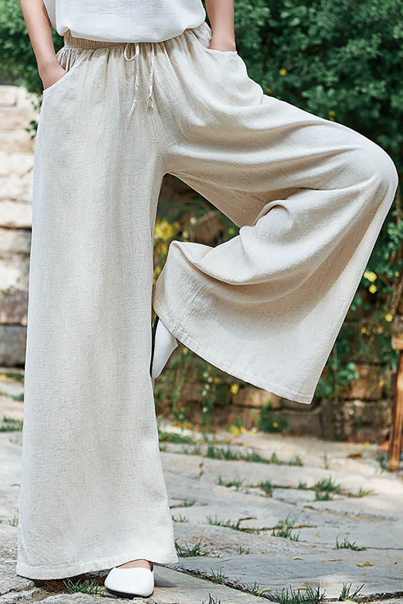 Linen Drawstring Pocket Wide Leg Casual Pants