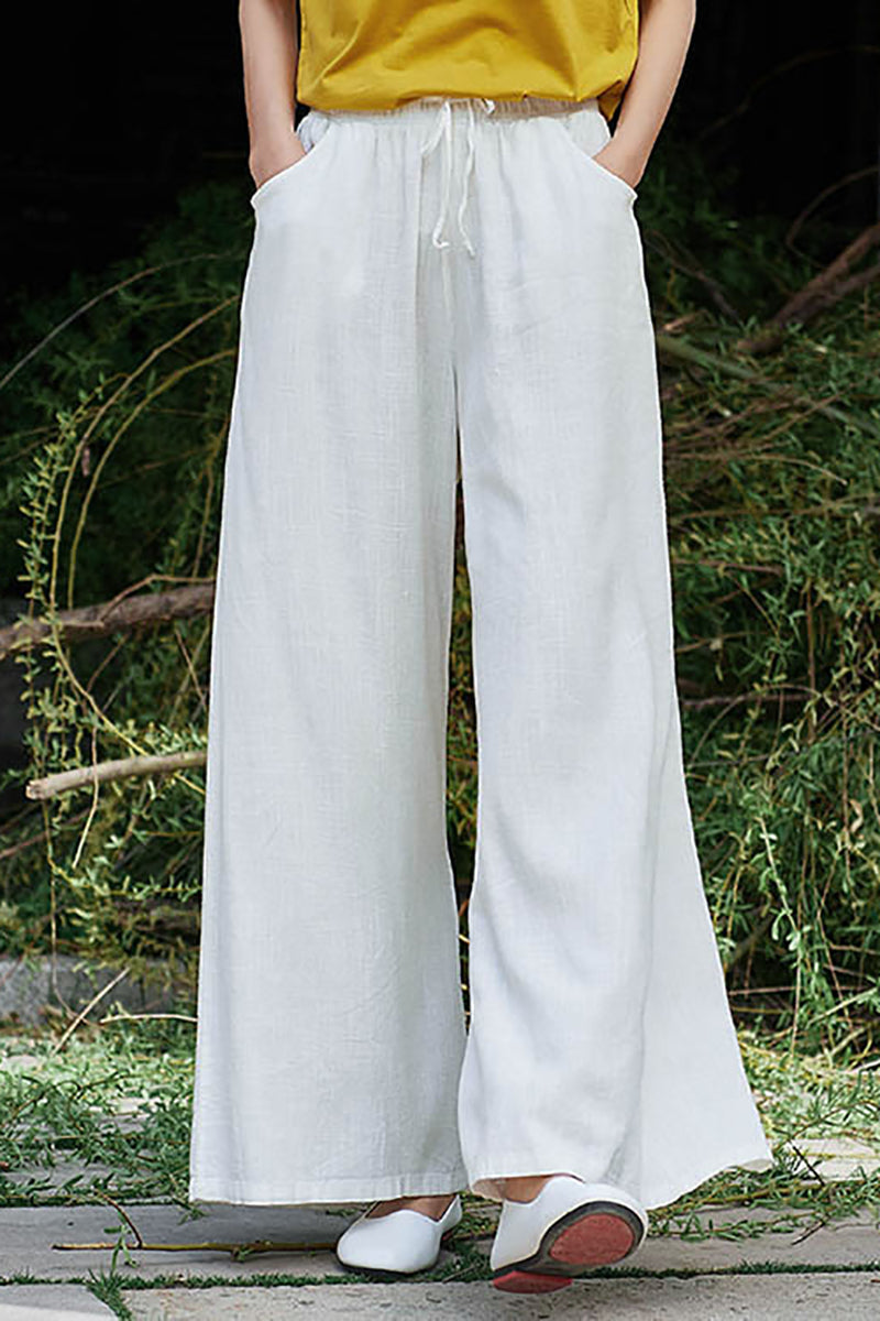 Linen Drawstring Pocket Wide Leg Casual Pants