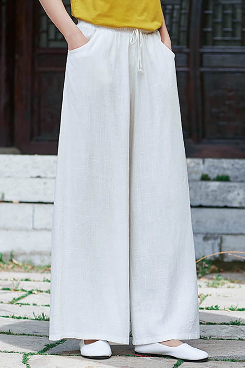 Linen Drawstring Pocket Wide Leg Casual Pants