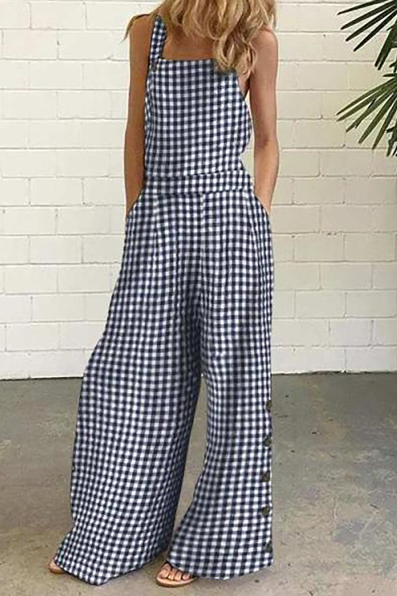 Linen Plaid Square Neck Sleeveless Button Up Decor Wide Leg Casual Jumpsuit