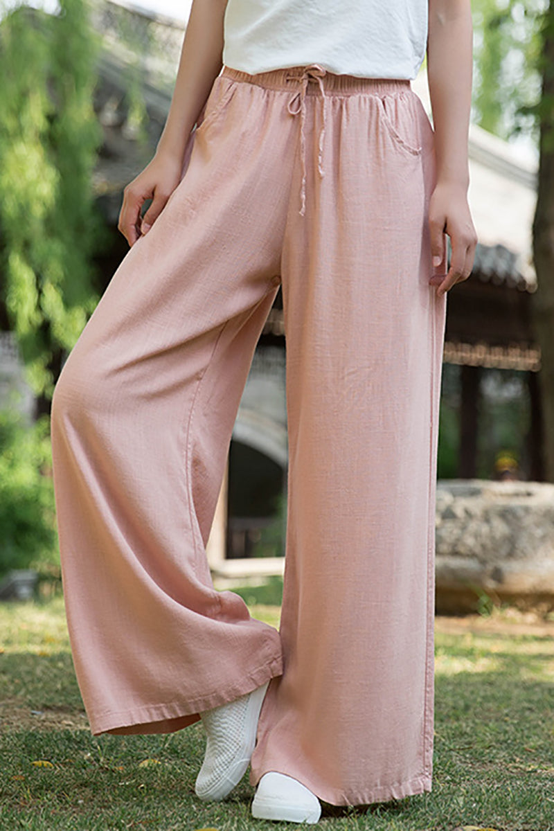 Linen Drawstring Pocket Wide Leg Casual Pants