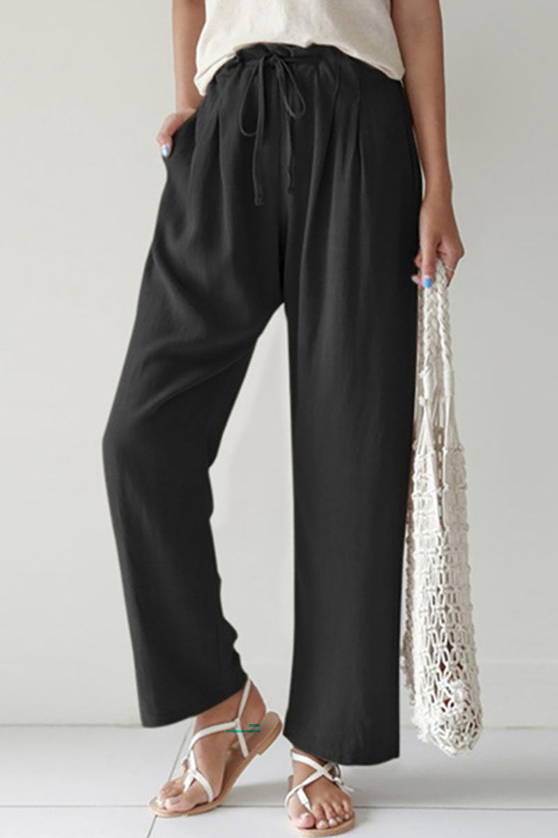 Casual Drawstring Pocket Straight Leg Linen Pants