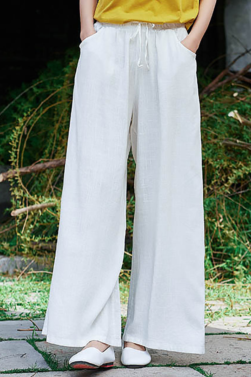 Linen Drawstring Pocket Wide Leg Casual Pants