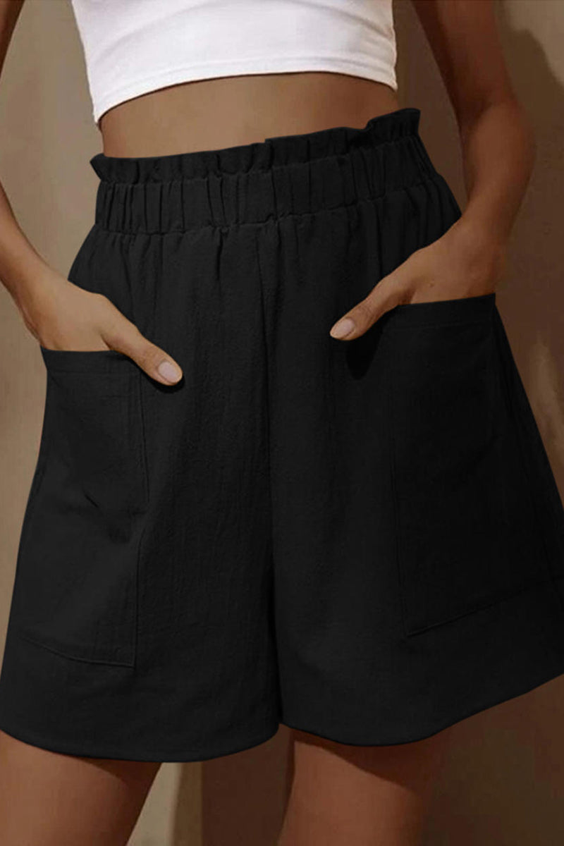 High Elastic Waist Pocket casual Linen Shorts