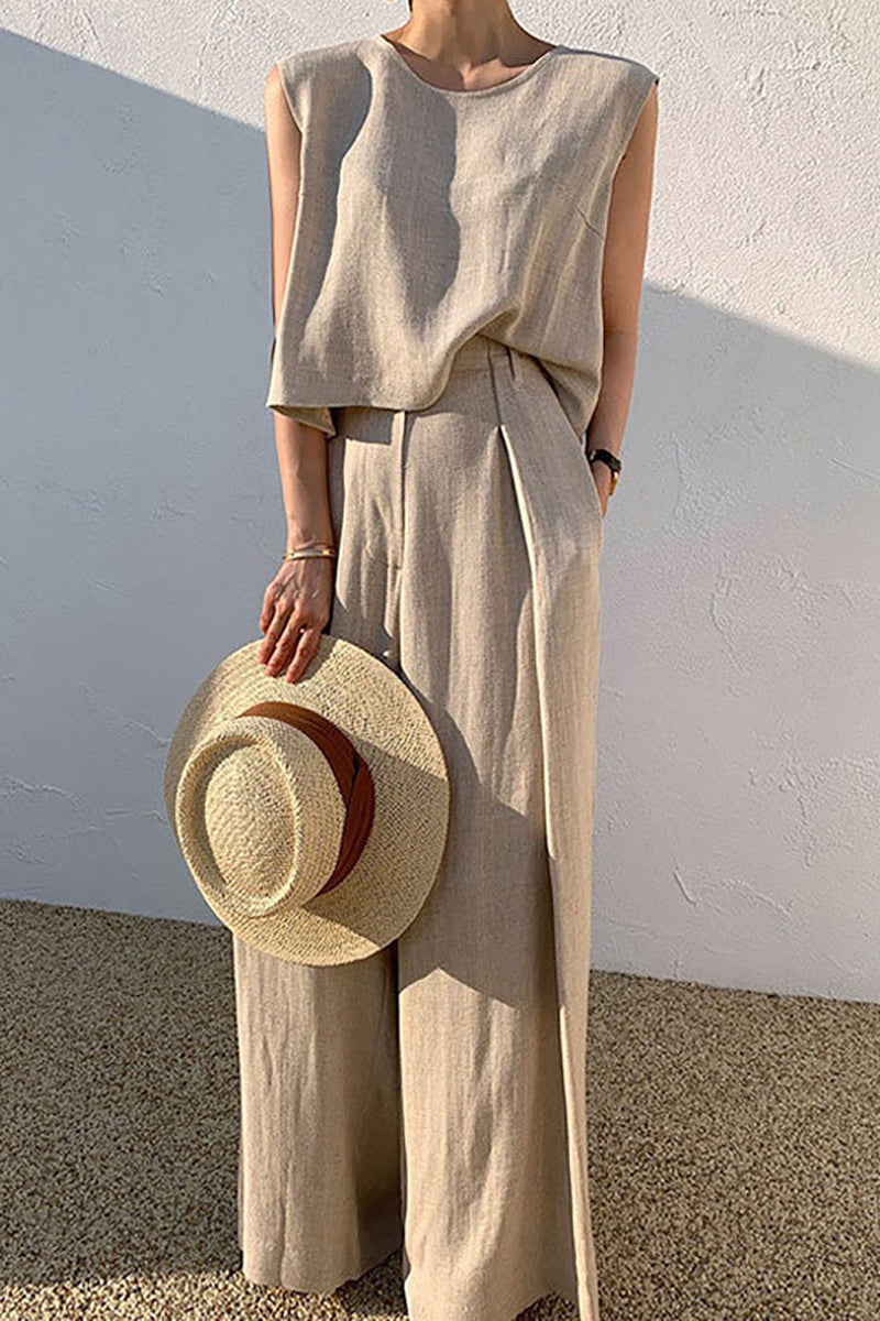 Round Neck Casual Tank Top Wide Leg Linen Pants Matching Set