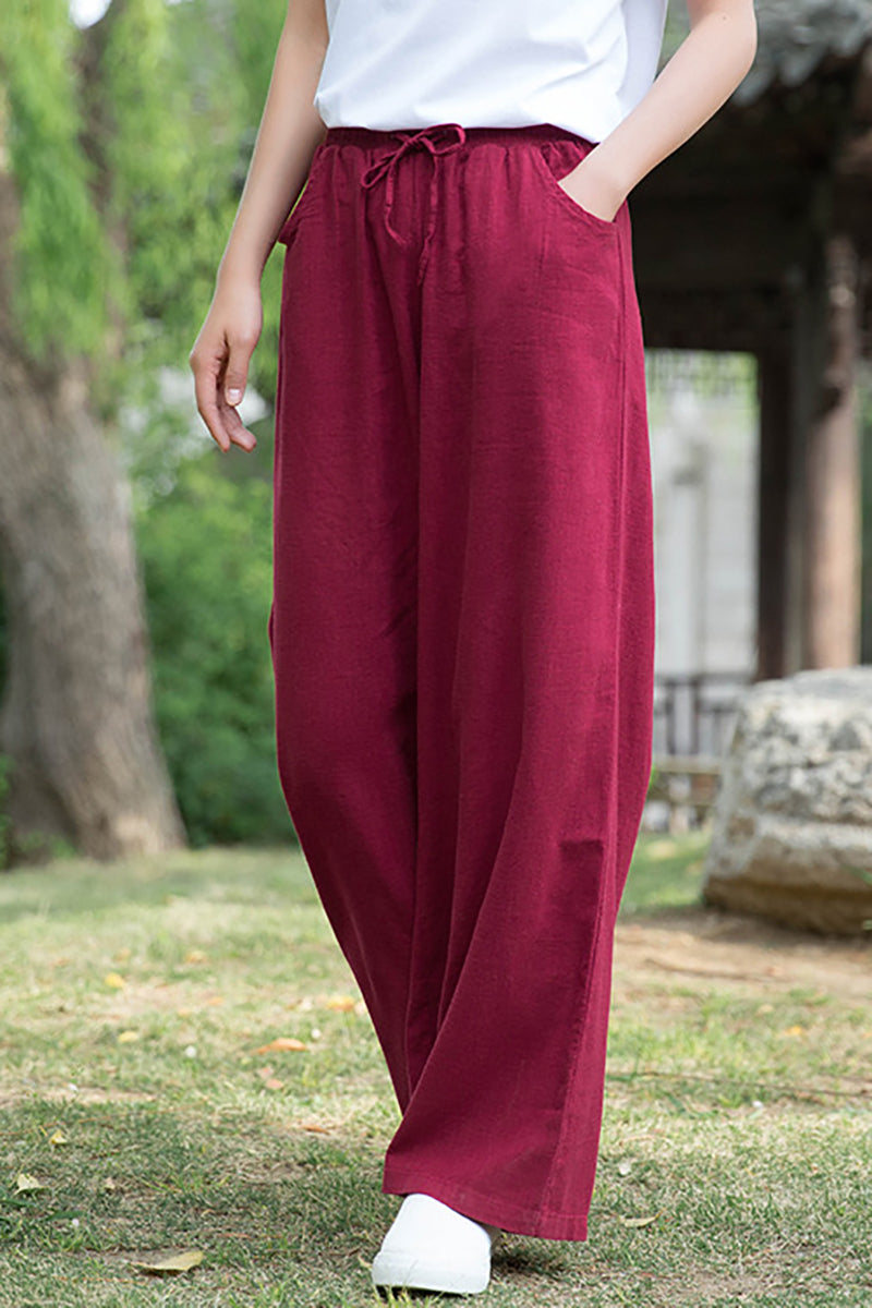 Linen Drawstring Pocket Wide Leg Casual Pants