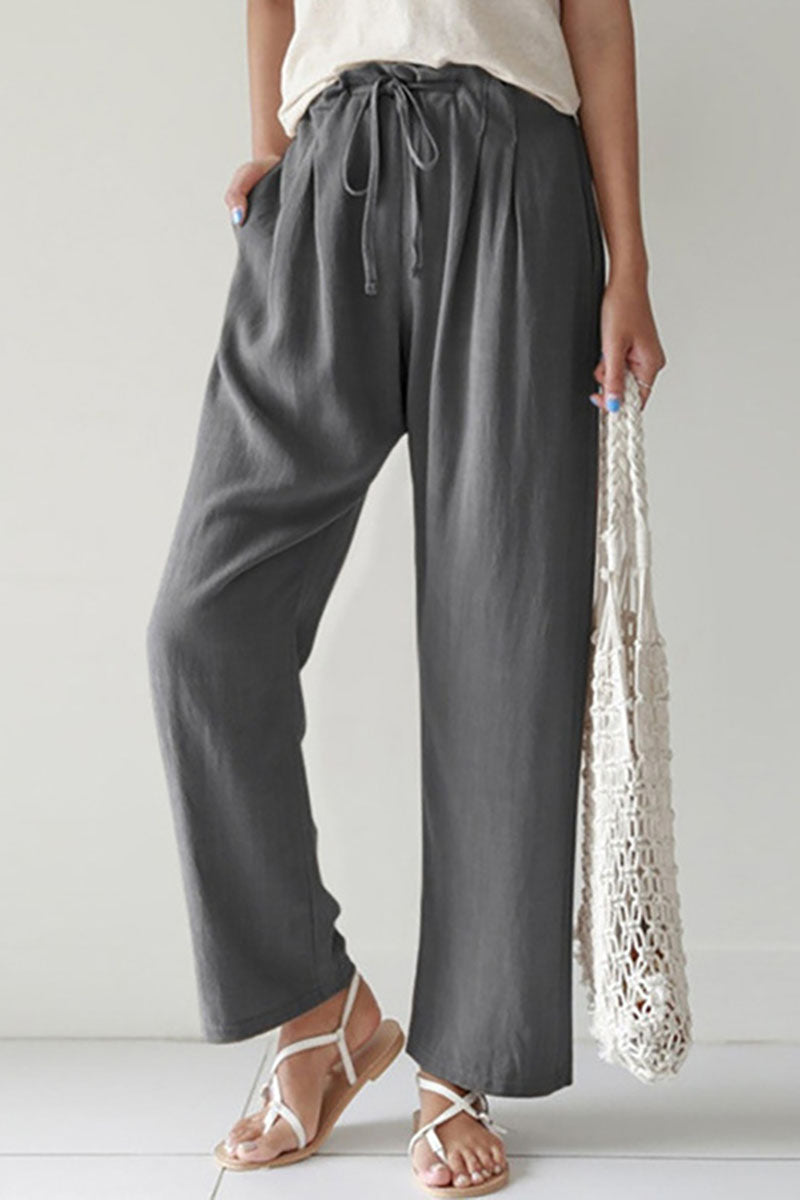 Casual Drawstring Pocket Straight Leg Linen Pants