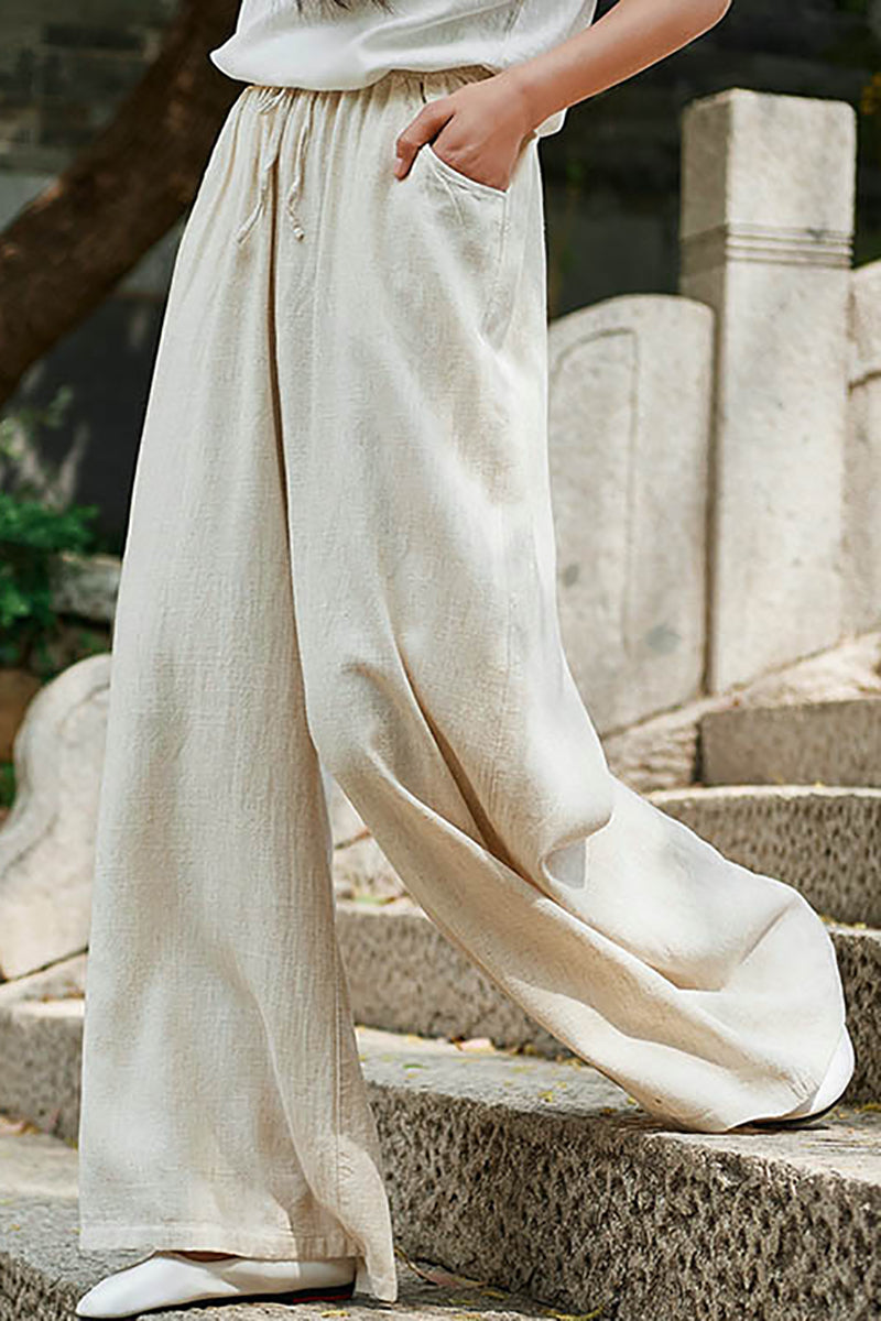 Linen Drawstring Pocket Wide Leg Casual Pants