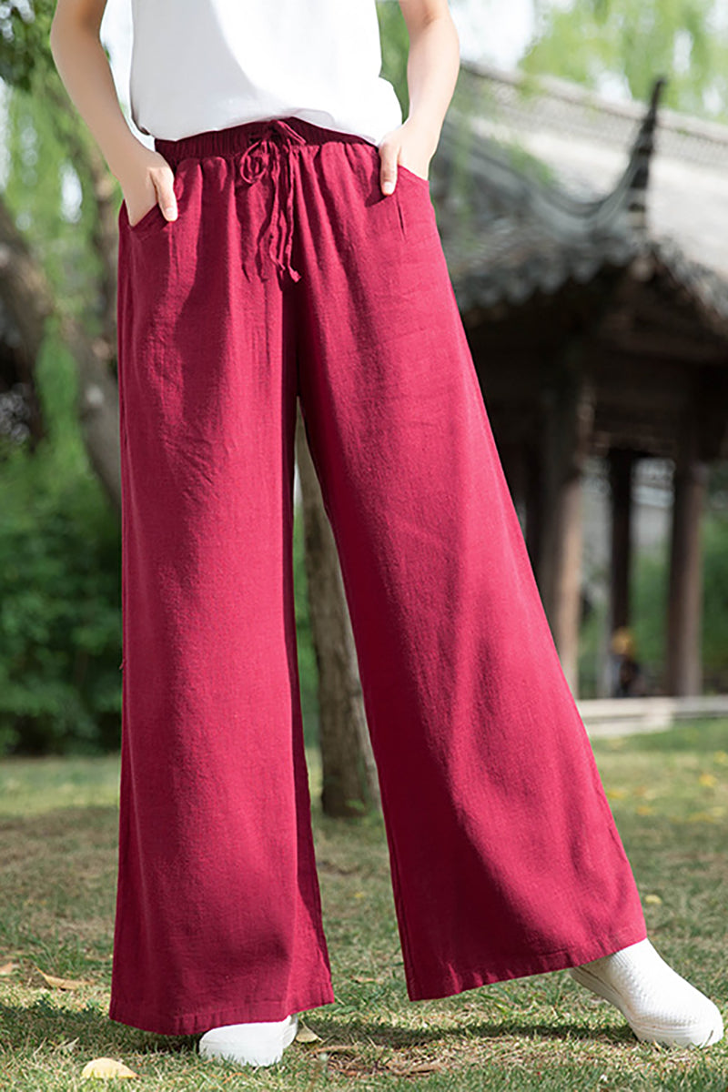 Linen Drawstring Pocket Wide Leg Casual Pants